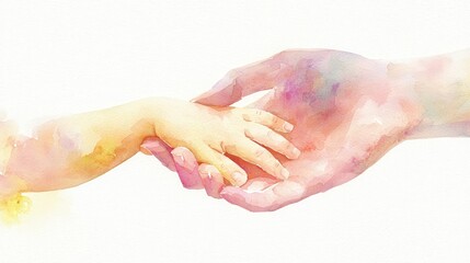 Fototapeta premium Watercolor illustration of a mother holding child’s hand in soft pastels for Mother’s Day concepts..
