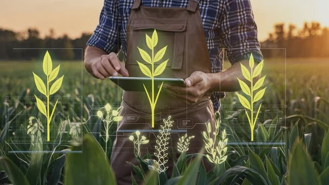 Farming in the Digital Age: A farmer stands amidst a field of wheat,  his tablet displaying graphic data, illustrating the powerful intersection of technology and agriculture in the modern era.