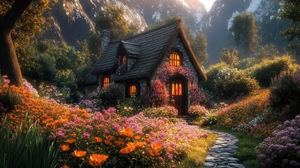 A cozy, enchanted cottage surrounded by vibrant flowers and lush greenery, set against majestic mountains illuminated by soft sunlight.