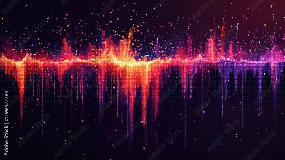 Poster abstract representation of sound waves in vibrant colors with digital patterns and effects. generati