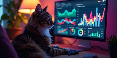 A cat sitting in front of a computer displaying colorful data charts.