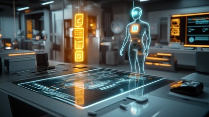 Futuristic laboratory showcasing advanced holographic technology and robotic figure at night. Generative AI
