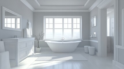 A bright white bathroom with a luxurious free-standing tub, perfect symmetry, and simple elegance.