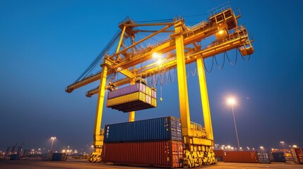 A brightly lit cargo crane lifts containers at night in a bustling port, showcasing industrial operations under a twilight sky.