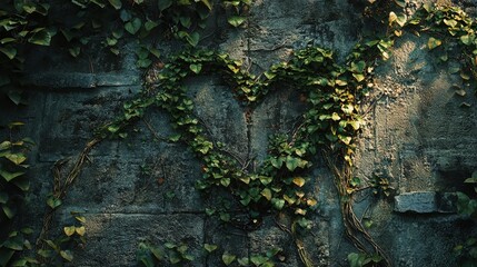 Obraz premium Heart Shaped Ivy Growing on Old Stone Wall Rustic Nature Background