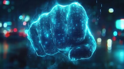 Futuristic Digital Hand Punch in Neon Style with Glowing Effects