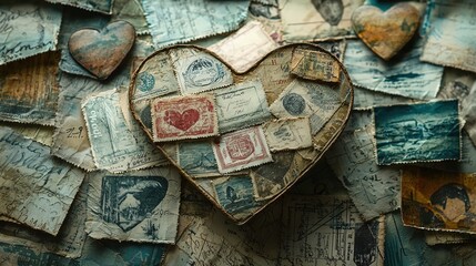 Vintage Heart Shaped Box Adorned with Antique Stamps and Letters