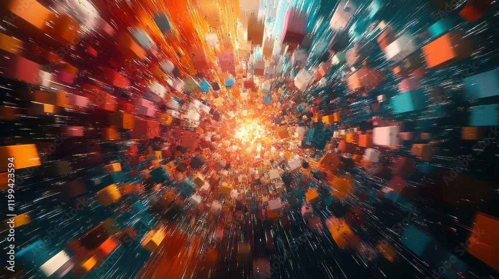 Poster colorful explosion of geometric shapes creating a dynamic cosmic effect in deep space. generative ai