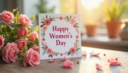 Happy Women's Day card with pink roses and petals