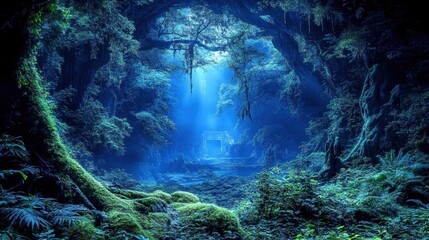 Enchanted Forest with Ethereal Light and Lush Green Vegetation