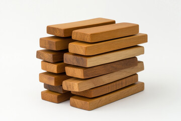Stack of wooden blocks in natural finish, showcasing various shades and textures, perfect for creative projects or educational purposes