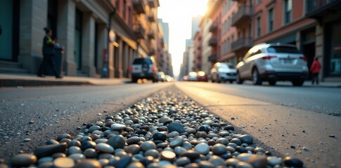 Obraz premium A city street scene showcasing stones set in the pavement under soft evening light.