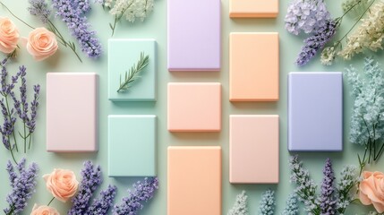 Colorful arrangement of pastel boxes surrounded by fresh flowers on a light backdrop. Generative AI