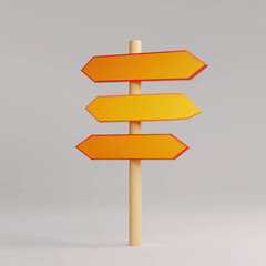 Bright yellow directional signpost with three blank arrows on wooden pole, ideal for guidance or decoration