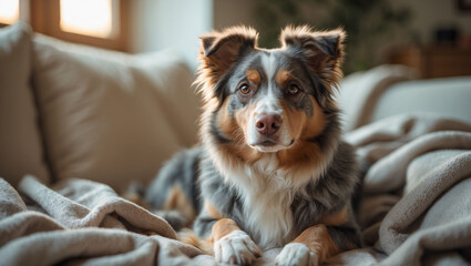 A dog sits on the sofa at home