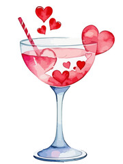 Watercolor hand drawn painting of a pink cocktail glass with red hearts and love drink. Vector illustration isolated on white background. Drawing for postcard and poster. Valentines day concept