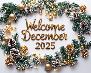 Golden "Welcome December 2025" text surrounded by festive Christmas wreath.