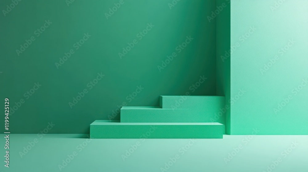 Poster minimalist staircase design with soft green tones creating a serene atmosphere in a modern space. ge