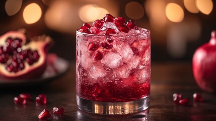 A decadent pomegranate mixed drink in a stylish glass, garnished with seeds, set against a dark, moody backdrop with soft lighting.