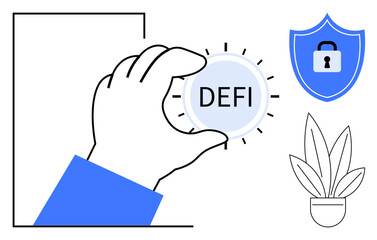 Hand holding DEFI coin, security shield, potted plant in a pot. Ideal for financial independence, blockchain technology, digital currency growth, investment protection, modern banking, market