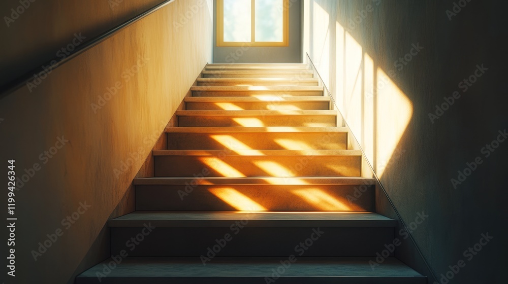 Poster light streams through a window illuminating a staircase in a serene indoor setting during the day. g