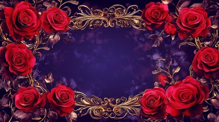 A regal anniversary invitation card design with a luxurious red rose frame. The frame is lavishly decorated with rich, velvety red roses interwoven with silver and gold filigree. 