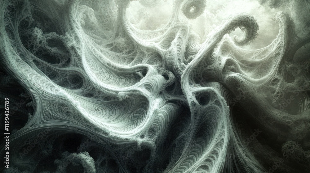 Poster abstract fractal design with swirling patterns and ethereal light in a dark background. generative a