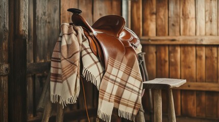 Fototapeta premium Rustic Saddle with Blanket on Wooden Stool