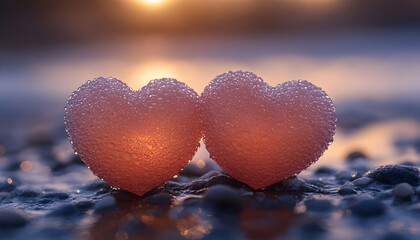 Fototapeta premium Dew-kissed hearts sunset beach romance