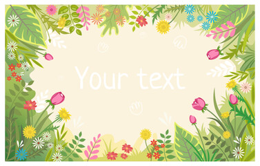 Vector spring or summer background with flowers, tulips, green border