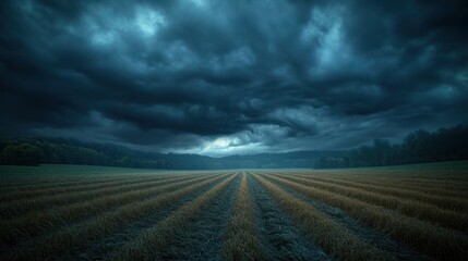 Obraz premium Stormy clouds loom over a plowed field in the countryside during early evening hours. Generative AI