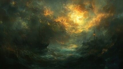 Obraz premium Dramatic Seascape with Ships Understormy Sky at Sunset