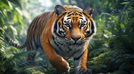 Obraz premium Majestic tiger prowling through dense jungle foliage during daylight. Generative AI