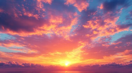 Obraz premium Vibrant sunset paints the sky with hues of orange, pink, and purple over the ocean horizon. Generative AI