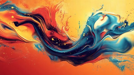 Colorful abstract swirl of paint in vibrant hues of orange, blue, and gold creating a dynamic effect. Generative AI
