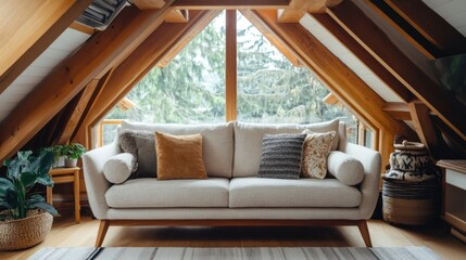 Fototapeta premium A cozy sofa in a living room with wooden beams and rustic charm.