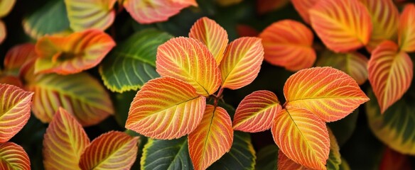 Close up of vibrant leaves showcasing a stunning mix of orange and green hues, highlighting the intricate textures and patterns found in nature's beauty.
