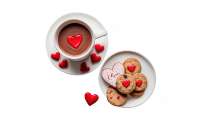 A cozy mug of hot chocolate with heart-shaped cookies and a handwritten love note with red ink, placed next to a soft, plush throw pillow with heart motifs, on a white transparent background PNG