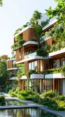 Obraz premium Eco village thrives with renewable resources and vibrant greenery in sunny atmosphere