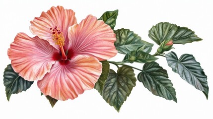 Pink Hibiscus Flower with Green Leaves in Detailed Botanical Art