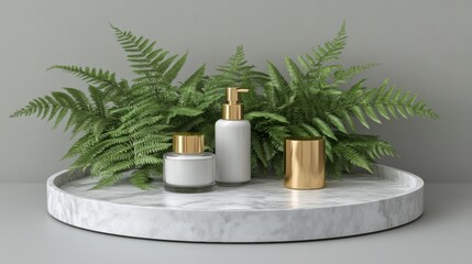 Elegant minimalistic display of skincare products with greenery