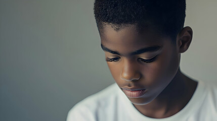 Obraz premium Male student reading intently, against a soft gray background