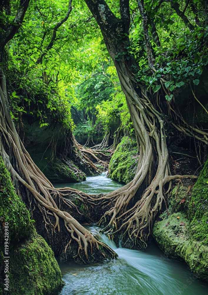Poster serene jungle stream flowing through ancient tree roots lush green canopy tranquil nature scene