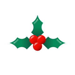 Holly berries vector icon for Christmas. Cute bright ilex isolated on white background. Winter holidays decoration. Cartoon style.