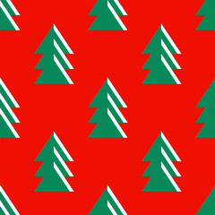 Minimalist Christmas trees seamless pattern on a red background. Cute background for Christmas and New Year with geometric fir trees in Scandinavian style for a wallpaper, textile, wrapping paper