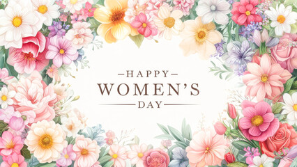 Obraz premium Celebratory floral design featuring a vibrant arrangement for International Women's Day, adorned with various blossoms in soft colors and a central message of appreciation for women's contributions