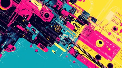 Abstract colorful digital design with geometric shapes and patterns over a vibrant background