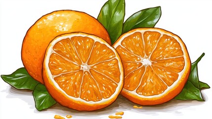Juicy Orange Fruit with Fresh Green Leaves on a White Background
