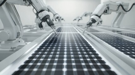 A factory producing solar panels with rows of robotic assembly arms.