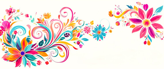 Obraz premium Vibrant floral designs featuring colorful patterns and intricate details showcasing blossoms and leaves across a bright white background, ideal for creative projects